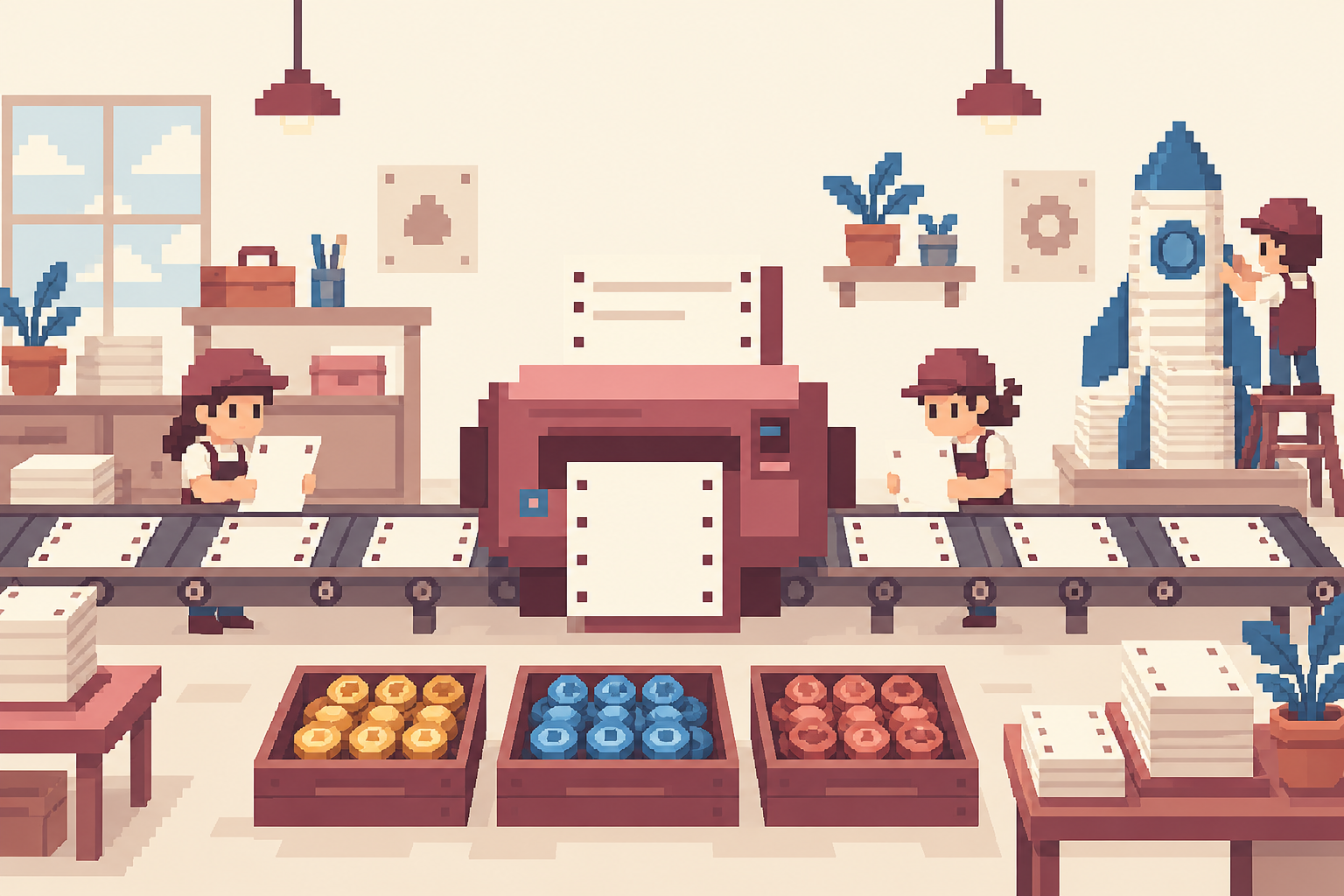Pixel-art Printer workshop with paper, reward trays and a paper rocket