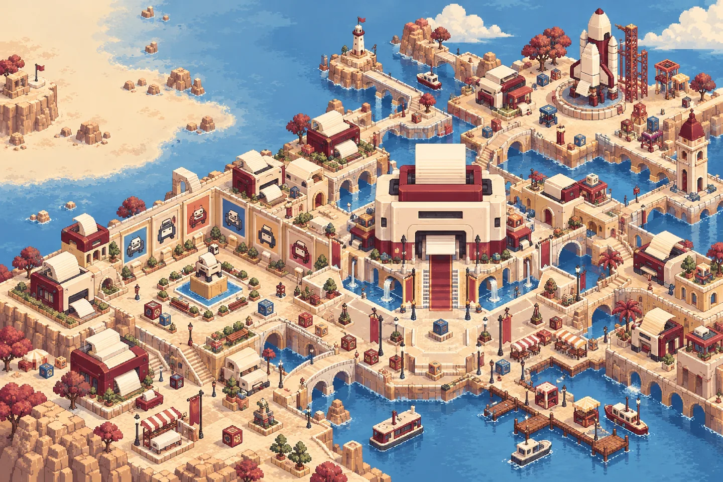 Illustrated Printer World district with printer-shaped buildings, NFT portraits, bridges and a rocket